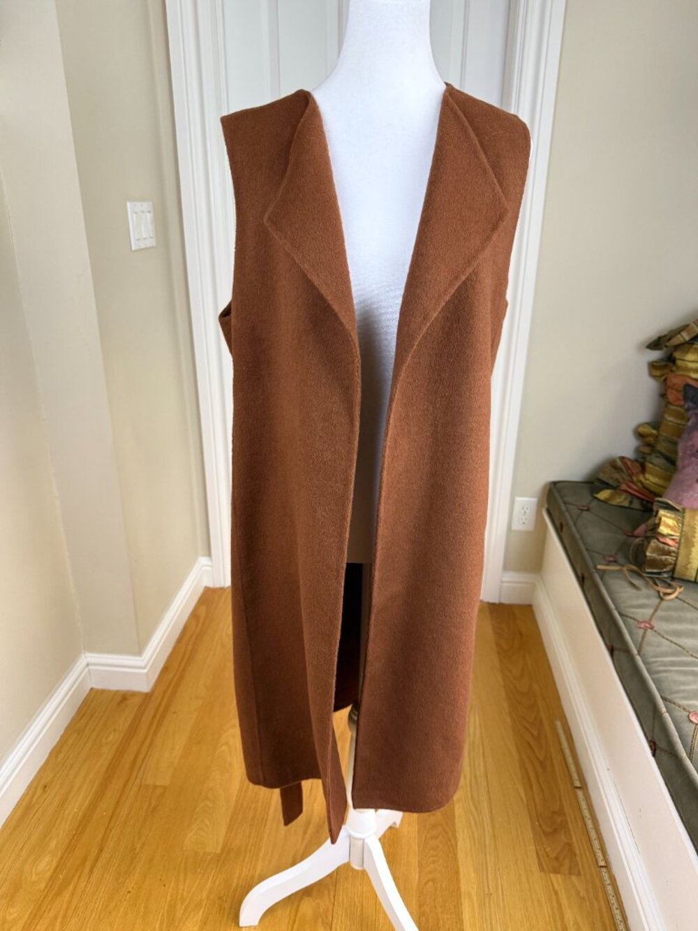 Talbots Longline Sweater Vest Wool Blend Sleeveless Belted Cognac Layering (M) - Picture 4 of 8